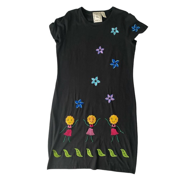 Michael Simon Lite Black Knee Length Dress Rare Embroidered Hula Flowers Medium - Picture 3 of 13
